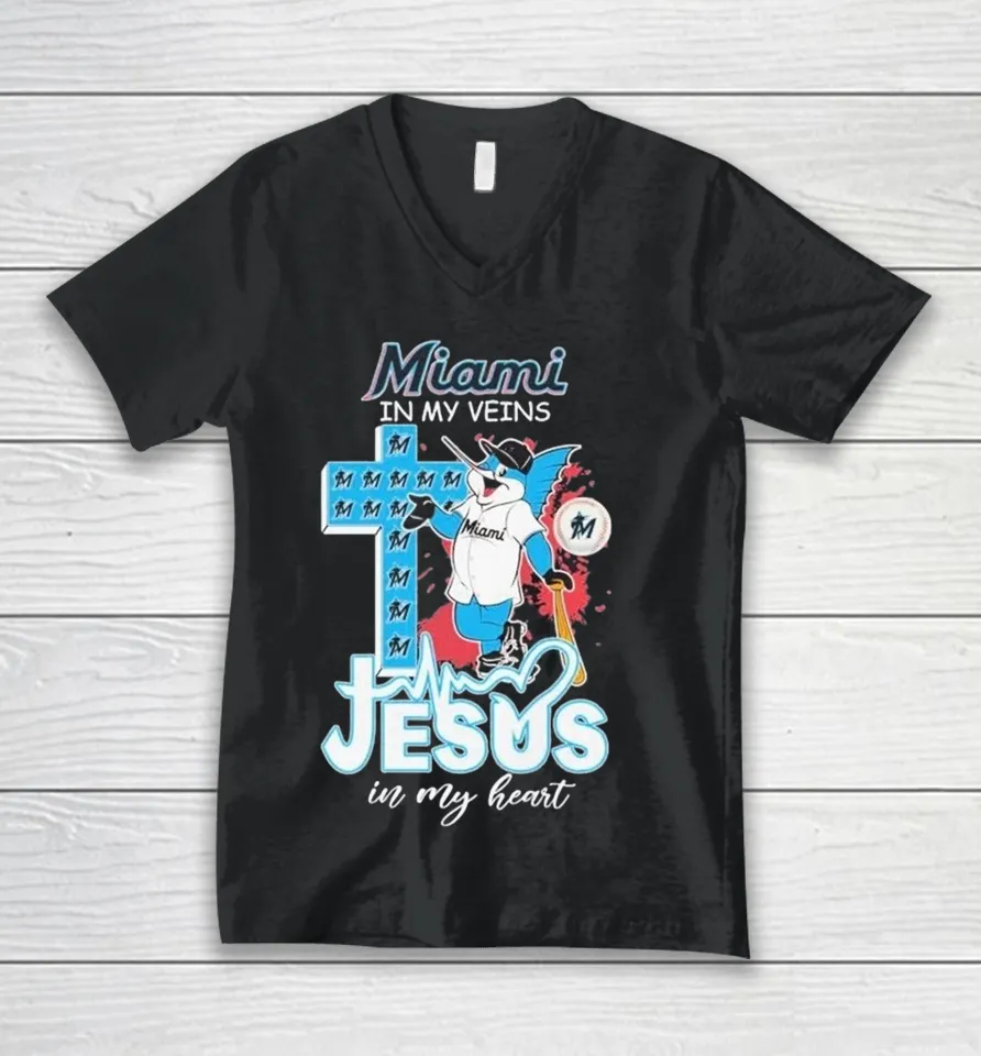 Miami Marlins In My Veins Jesus In My Heart Mascot V-Neck T Shirt