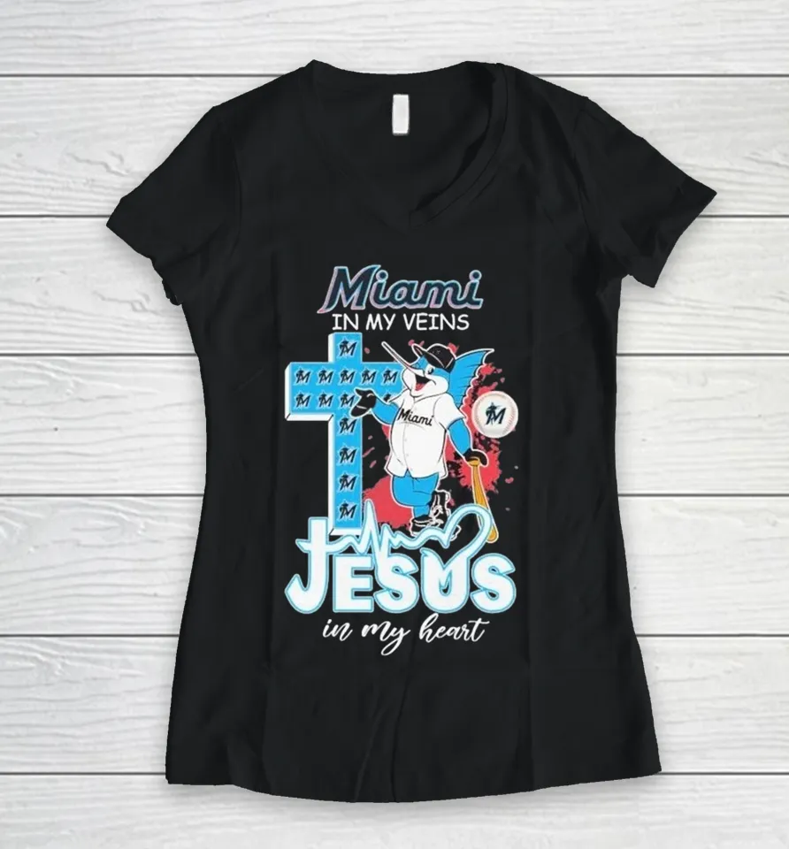 Miami Marlins In My Veins Jesus In My Heart Mascot Women V-Neck T Shirt