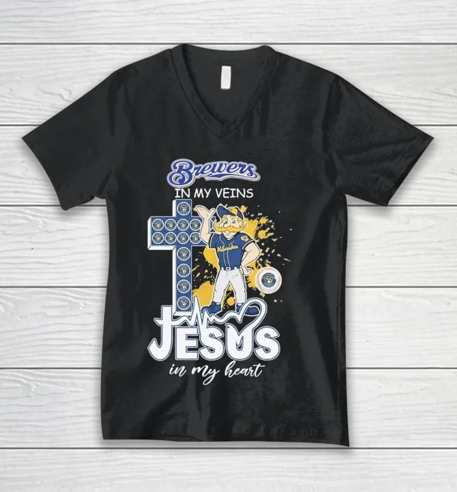 Milwaukee Brewers In My Veins Jesus In My Heart Mascot V-Neck T-Shirt Milwaukee Brewers In My Veins Jesus In My Heart Mascot V-Neck T-Shirt