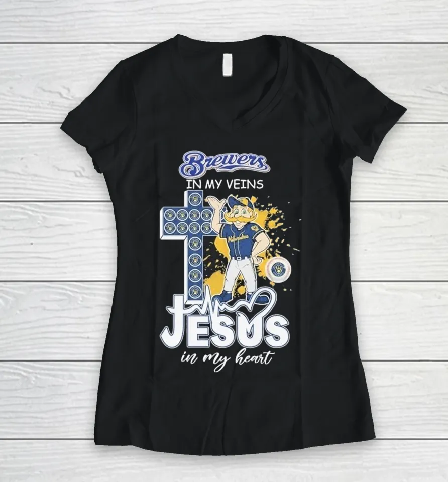 Milwaukee Brewers In My Veins Jesus In My Heart Mascot Women V-Neck T Shirt