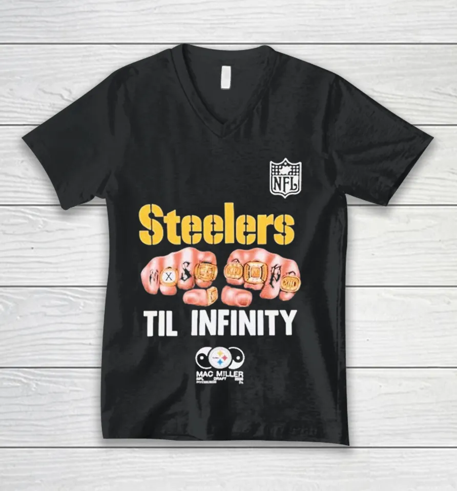 Pittsburgh Steelers x Mac Miller Til Infinity Hands Rings NFL V-Neck T Shirt