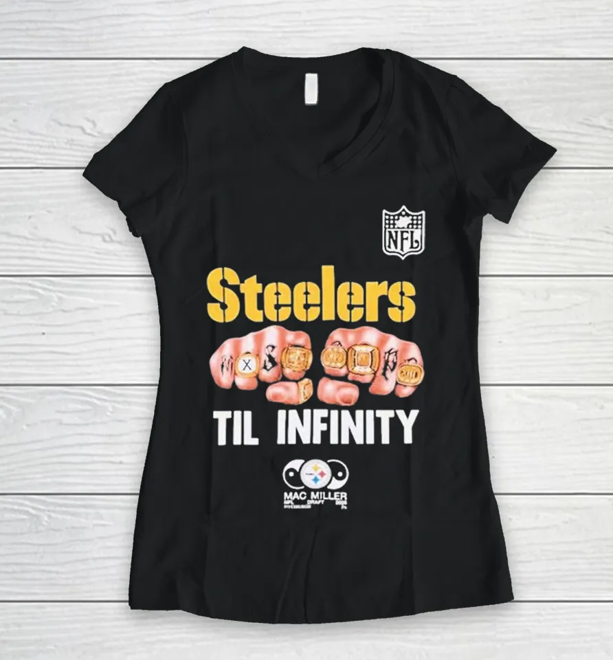 Pittsburgh Steelers x Mac Miller Til Infinity Hands Rings NFL Women V-Neck T Shirt