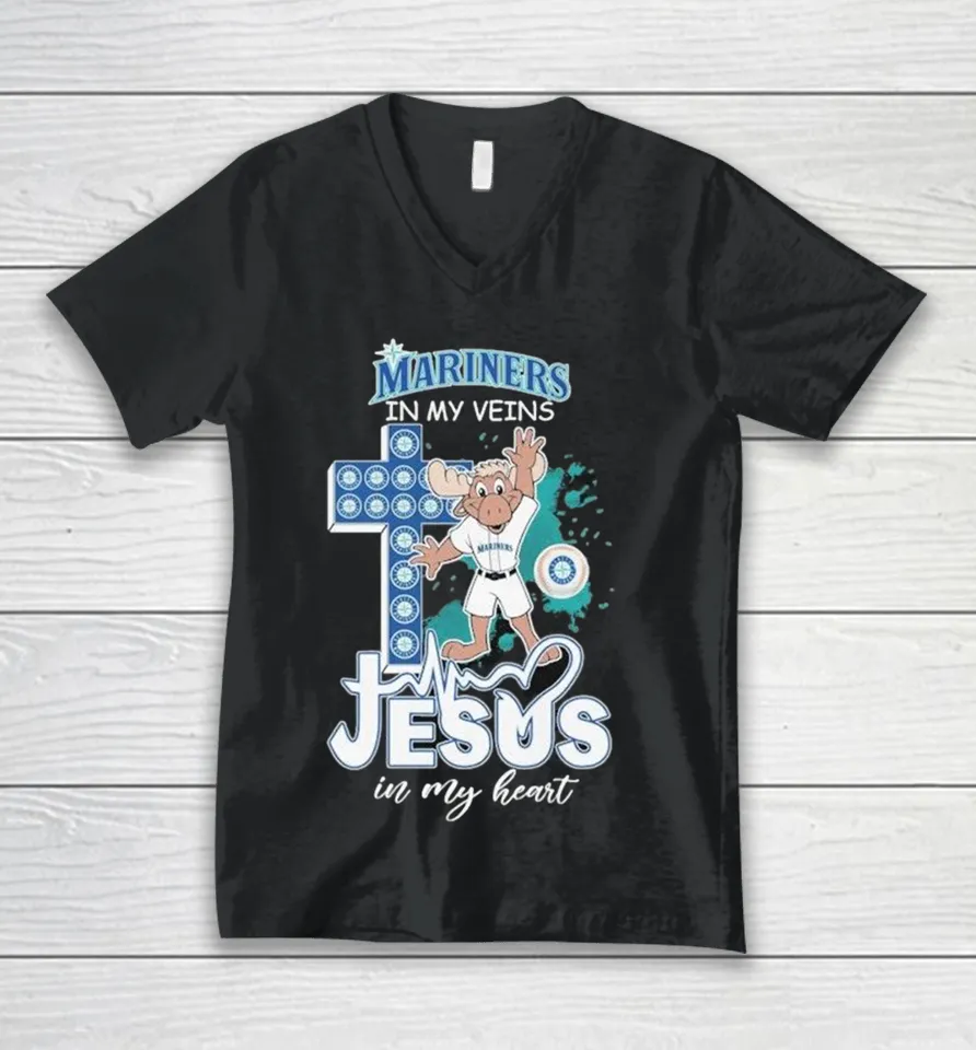Seattle Mariners In My Veins Jesus In My Heart Mascot V-Neck T Shirt