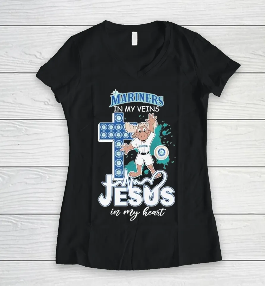 Seattle Mariners In My Veins Jesus In My Heart Mascot Women V-Neck T Shirt